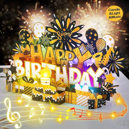 Birthday Card | Musical Pop Up Birthday Cards w Light | Blow Out LED Light Candle & Play Happy Birthday Music Pop Up Card | Greeting Cards Gifts for Him or Her | Black Gold (Blowable Candle)