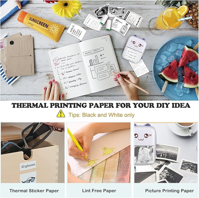 Mini Printer, Mini Printer with Stickers, Portable Inkless Thermal Printer with 10 Rolls Paper, Study Printer for Notes, Journal, DIY, Kids Gift, Compatible with Android & iOS