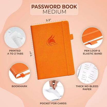 Clever Fox Password Book with Alphabetical tabs. Internet Address Organizer Logbook. Medium Password Keeper for Website Logins (Orange)