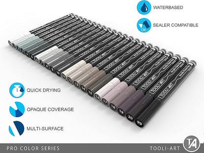 Acrylic Paint Pens 22 Gray Tones Assorted Pro Color Series Markers Set 0.7mm Extra Fine Tip for Rock Painting, Glass, Mugs, Wood, Metal, Canvas, Projects, Non Toxic, Waterbased, Quick Drying