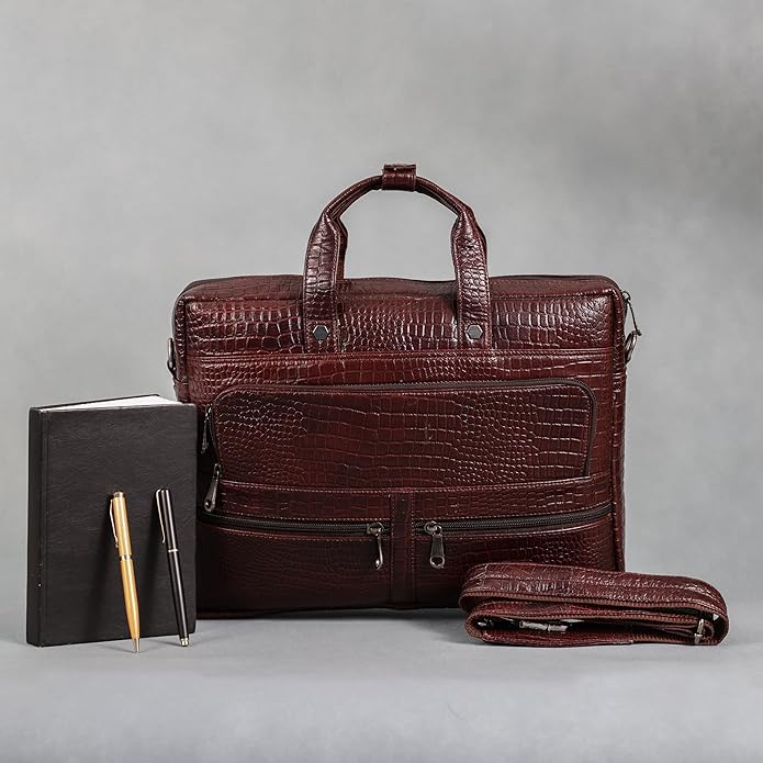 Crocodile Embossed leather bag for men, 5 Zipper Pockets with Spacious Compartments.,12 x 16 x 4 inches.