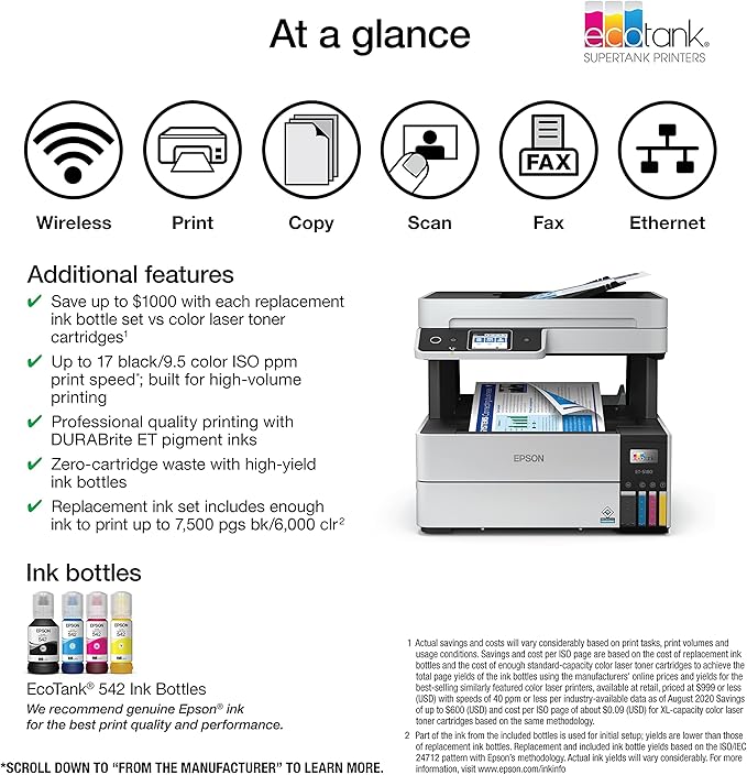 Epson EcoTank Pro ET-5180 Wireless Color All-in-One Supertank Printer with Scanner, Copier, Fax Plus Auto Document Feeder and PCL/Postscript, White, Large