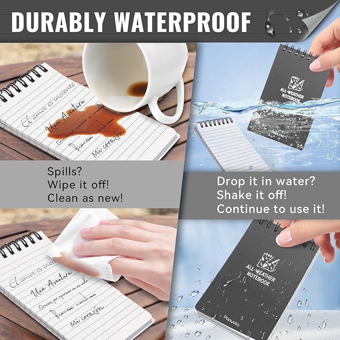 POPYOLA 1 Pack Waterproof Pocket Notebook, 3x5 Pocket Notepad, All Weather Mini Spiral Notepad, Write in the Rain Police Notepad with 100 Squared Pages for Outdoor Home Office School, Grey