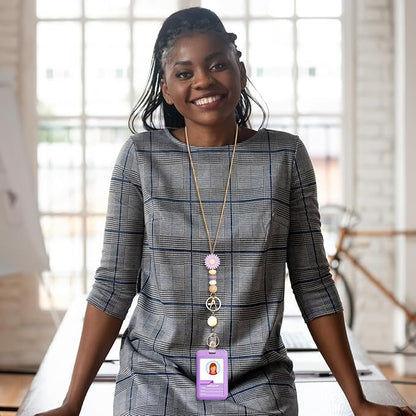 Colorful ID Badge Holder with Silicone Beads Lanyard Set,Cute Teacher Breakaway Lanyard for Keys & Keychain with Cute Retractable Badge Reel Holder,Gift for Women,Nurse, Teacher. (Purple Daisy)