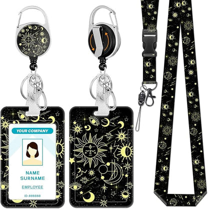 Lanyards for Id Badges, Sun Moon Badge Holder with Retractable Reel Clip, Work Name Tags Keychain Lanyard ID Card Protector Cover Case for Women Teacher Nurse Nursing Doctor Office