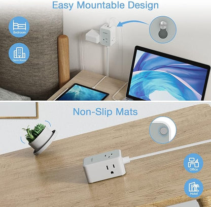 Small Flat Plug Power Strip, TESSAN Ultra Thin Extension Cord with 3 USB Wall Charger (1 USB C), 3 Outlets Mini Charging Station, 5 ft Slim Plug for Cruise Travel Office School Dorm Room Essentials