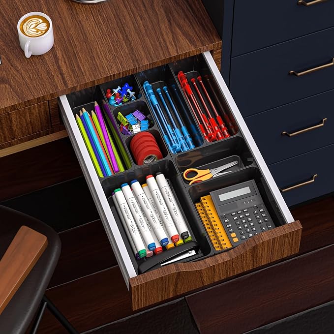 60 Pcs Plastic Drawer Organizer Set,5 Size Small Storage Containers for Organizing Jewelry,Utensil,Junk,Tea,Makeup,Shallow Drawer Organizers Tray Suitable for Office,Desk,Bathroom,Vanity,Kitchen,Black