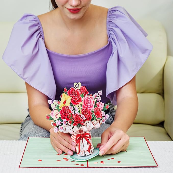 Paper Love 3D Lovely Bouquet Pop Up Flower Bouquet Card, With Detachable Popup Keepsake, Gift for Birthday, All Occasions - Oversized 10" x 7" Cover - Includes Envelope and Note Tag