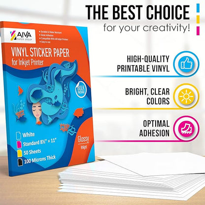 Printable Vinyl Sticker Paper - Waterproof Decal Paper for Inkjet Printer - 50 Self-Adhesive Sheets - Glossy White - Standard Letter Size 8.5"x11"