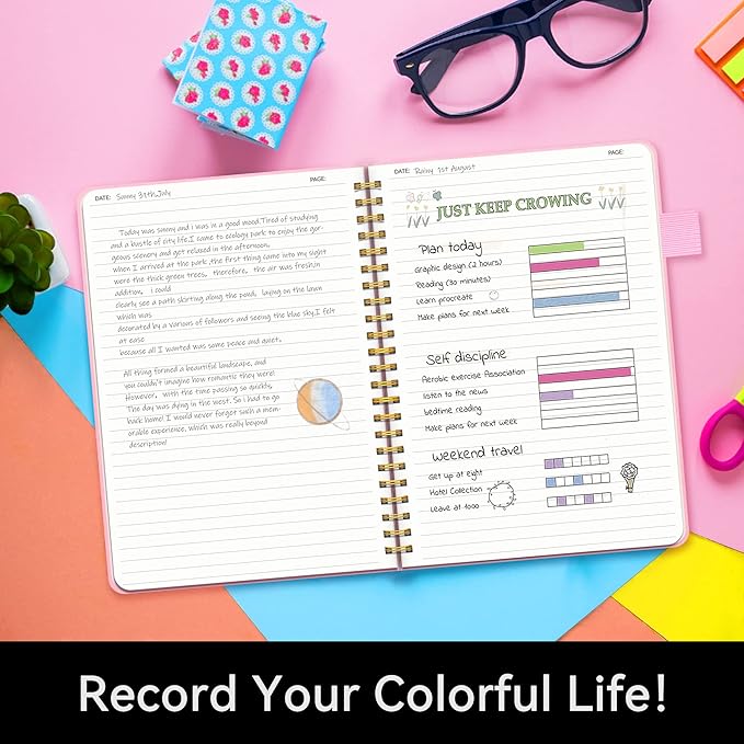 Alltree Lined Journal Notebook, Hardcover Spiral Notebook for Work, Hardcover Spiral Notebook with Tabs, Pen Loop, Pocket, Stickers, 160 Pages, Journal for Women & Men, Pink(6"x8.5")