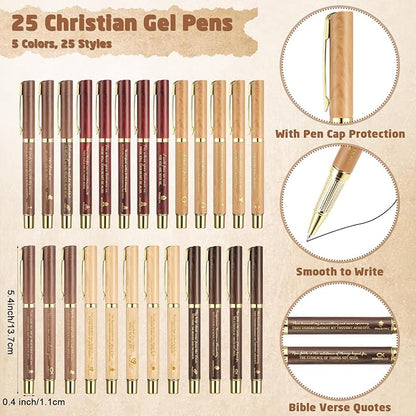 25 Sets Christmas Christian Church Gifts Bulk Bible Verse Plastic Gel Pen Religious Silicone Keychains Scripture Bookmark 2''x 6'' Emergency Numbers Bible Bookmarks Gift Pastor (Wood Color)