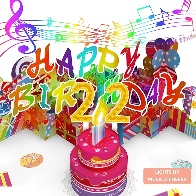 Gumry 22ND Musical Birthday PopUp Card, Blowable Colorful Light Candle 3D Cards with Song, Applause Cheers Sound, Greeting Cards Birthday Gifts Decorations for Women Men Turning 22 Years Old