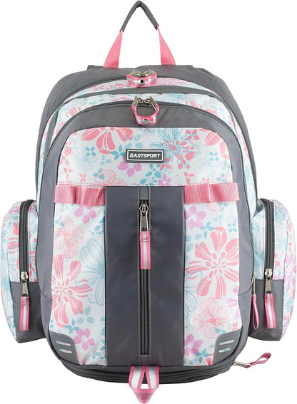 Eastsport Extra Large Backpack Expandable Oversized For Travel Hiking Work Camping Sports Outdoors With Drawstring Bag 18x13.5x9.5 Spring Floral Ash Grey