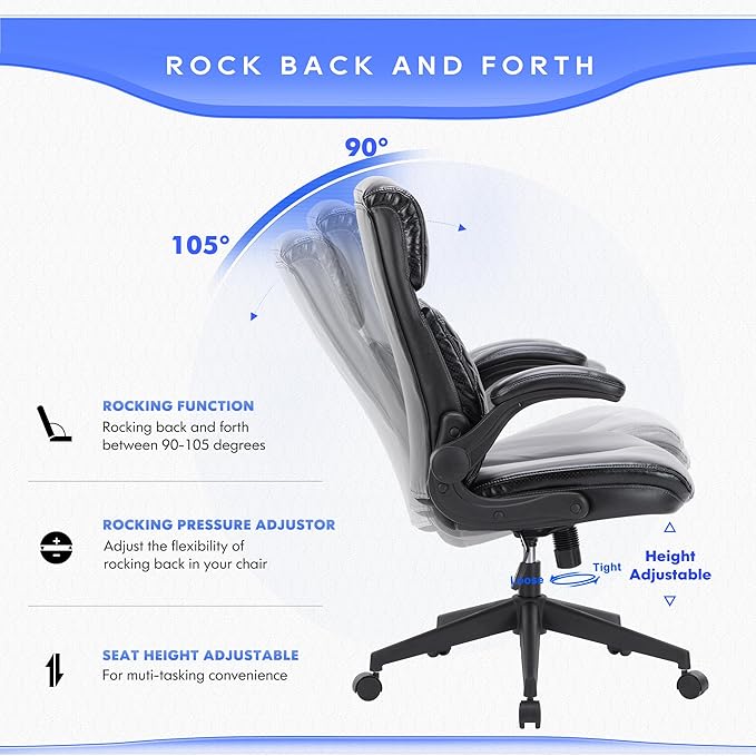 COLAMY Office Chair High Back Executive Computer Desk Chair, Ergonomic Home Office Chair with Padded Flip-up Arms, Adjustable Height and Tilt, Swivel Task Chair with Thick Leather, Diamond Black