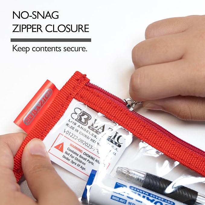 BAZIC Pencil Pouch 3 Ring Binder Pouch w/Rivet Enforced Rings Holes, 11.5"x6.5" Clear Color, Zipper Pouches Case Cosmetic Bag, 6-Pack