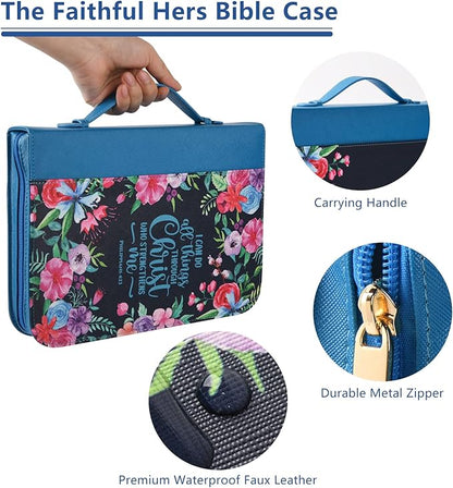 Bible Covers Case for Women Large Leather Bible Carrying Cases Holder Pink 10.8"x7.8"x2" Floral Bible Carrier Tote Bags with Bookmarks Handles Pockets Christian Bible Book Accessories Gifts