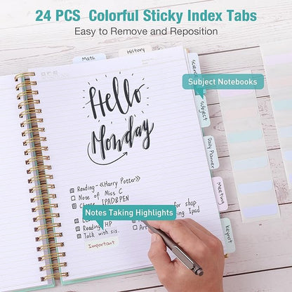 Spiral Notebook, College Ruled Notebook, A5, 300 Pages Leather Journals for Writing, 5.7" x 8.5" Hardcover Journaling Notebooks for Work School, 24pcs Tabs, Large Embossed Journal for Women Men, Green