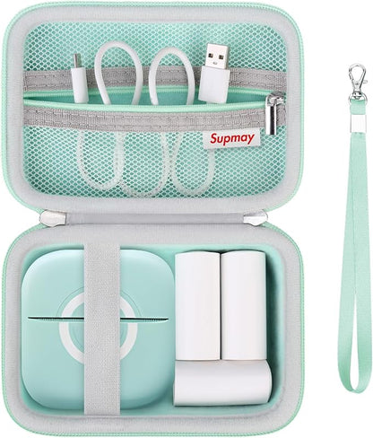 Hard Travel Case for Cabaro Mini Printer Sticker Thermal Printer, Bluetooth Portable Phone Printer Storage Holder Protection Case with Zipper Mesh Pocket fit Rolls Paper, Charging Cable, Green