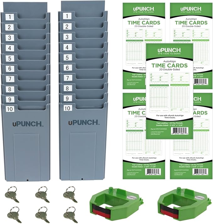 uPunch HN3500 Advanced Time Clock Bundle for Small Business: Complete Employee Time Tracking System with 100 Time Cards, 2 Racks, 2 Ribbons & 6 Keys