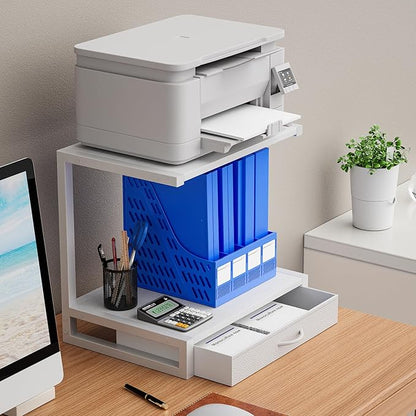 2-Tier Desktop Printer Stand with Fabric Drawer, Prtiner Table with Storage Shelf, Desk Organizer for Home Office,3D Printer,Fax Machine,Scanner, 17.3"x11.8" White