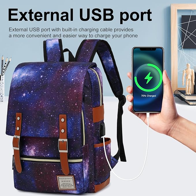 Vintage Travel Laptop Backpack with USB Charging Port, Business Outdoor Sports Bag for Men Women..(Starry Sky)