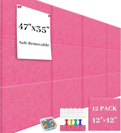 Felt Bulletin Board Felt Wall Tiles 12 Pack- 47"x35" Large Cork Board/Cork Tiles Alternative Safe Removable Felt Boards for Walls Felt Board for Office Felt Pin Board Pink