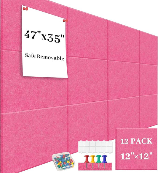 Felt Bulletin Board Felt Wall Tiles 12 Pack- 47"x35" Large Cork Board/Cork Tiles Alternative Safe Removable Felt Boards for Walls Felt Board for Office Felt Pin Board Pink