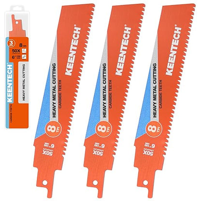 KEENTECH Carbide Sawzall Blades for Hard & Heavy Metal Cutting, 6 Inch 8 TPI, Heavy Duty Reciprocating Saw Blade with High Cutting Speed For Thick Metal, Cast Iron, Alloy Bolt, Stainless Steel, 3 Pack