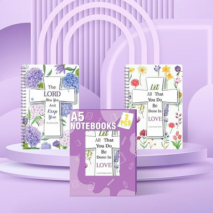 2Pack A5 Floral Cross Religious Spiral Notebooks - Bible Verses Writing Notebooks, Ruled Hardbound Lined Journal, Inspirational Christian Christmas Gift, Sunday School Supply (Purple & Yellow)