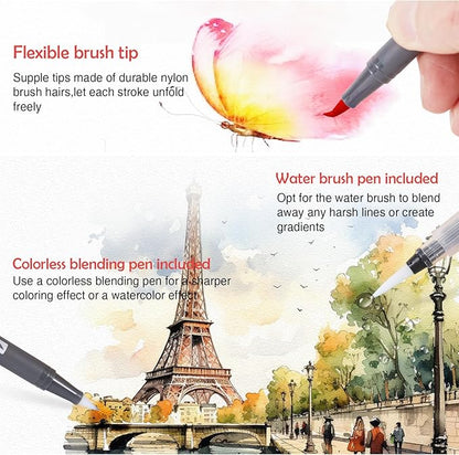 Watercolor Pens Set, 24-Color Dual Tip Paint Markers, Water-Based Coloring Markers with 1 Aquapen, 1 Colorless Blender, and 12-Page Pad, Art Supplies for Artists & Beginners
