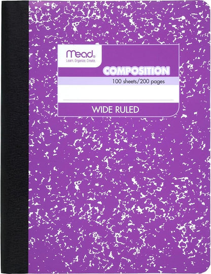 Mead Composition, Wide Ruled Comp Book, Writing Journal Notebook with Lined Paper, Home School Supplies for College Students & K-12, 9-3/4" x 7-1/2", 100 Sheets, Black Marble (09910)