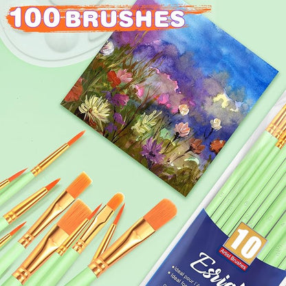 ESRICH Paint Brushes Set,10 Packs 100 Pcs Acrylic Paint Brush Set,St. Patrick's Party Acrylic Oil Watercolor, Face Nail Art, Miniature Detailing,Rock Painting,Painting Artist Professional Kits(Green)