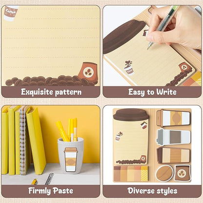 B1ykin Sticky Notes Set - Cartoon Theme Cute Self-Stick Notes Pad Teacher Appreciation Gifts， Self-Adhesive Writing Memo Pages Sticky to Do Notepad for Kids Employee School Office (Coffee)