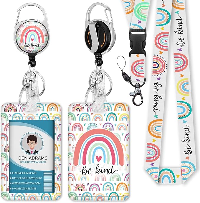 Teacher Lanyards for Id Badges, Rainbow Be Kind Badge Holder with Retractable Badge Reel Clip, Adjustable Name Tag Lanyard Vertical ID Card Protector Case for Women Nurse Doctor Student