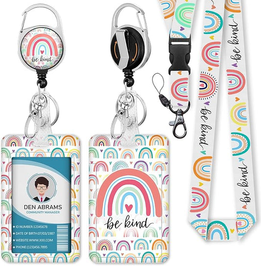 Teacher Lanyards for Id Badges, Rainbow Be Kind Badge Holder with Retractable Badge Reel Clip, Adjustable Name Tag Lanyard Vertical ID Card Protector Case for Women Nurse Doctor Student