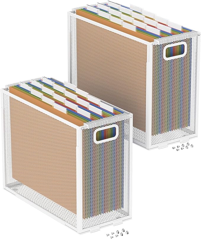 Oterri Hanging File Organizer, Metal File Organizer, Portable Desktop File Organizer for Letter Size Folder, Mesh Hanging File Crate for Office,Folders Not Included(Pure White,2 Pack)