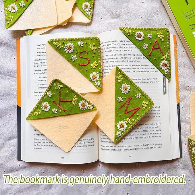 Personalized Hand Embroidered Corner Bookmark, Bookmarks for Women, Personalized Bookmark for Book Lovers, Cute Flower Book Mark by HNQCPCVU (E, Green)