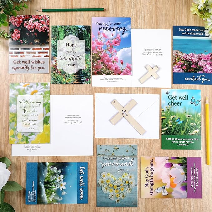 100 Pack Religious Get Well Soon Card Bulk Set with Envelopes Stickers 10 Floral Landscape Designs Assortment Christian Get Well Soon Greeting Cards with Scripture Inspirational Blessing 4 x 6