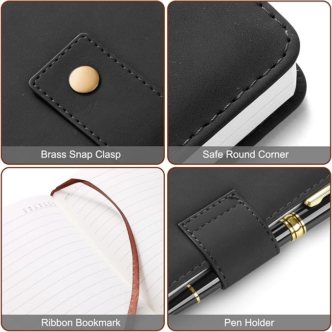 A5 Leather Journal Notebook with Pen, 200 Pages Hardcover Journal with Pocket, 100gsm Thick Lined Paper Daily Diary for Men and Women, Great Gift for Business School Travel Personal - Black