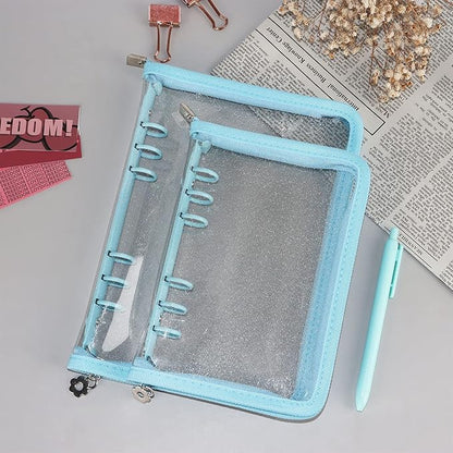 Multibey A5 Binder Cover Clear Soft PVC 6-Ring Binder Budget Evelopes System with Zipper Planner Organizer Refillable Notebook Journal Binder (Blue, A5)