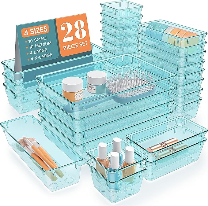28 PCS Clear Plastic Drawer Organizers Set, 4 Size Desk Drawer Organizer Trays for Makeup, Jewelry, Kitchen Utensils, Gadgets and Office Accessories, Sea Blue
