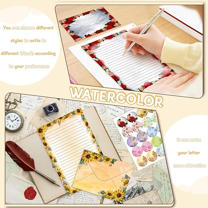 TaoBary 160 Packs Stationery Paper Set (50 Double Sided Stationery Writing Papers 50 Matching Envelopes) 60 Round Dot Sticker, 10 Design(Flower,5.5 x 8.25 Inch)