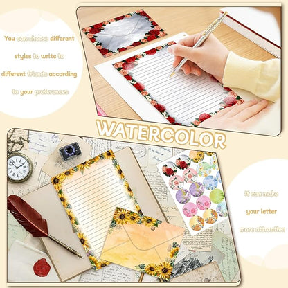 TaoBary 160 Packs Stationery Paper Set (50 Double Sided Stationery Writing Papers 50 Matching Envelopes) 60 Round Dot Sticker, 10 Design(Flower,5.5 x 8.25 Inch)