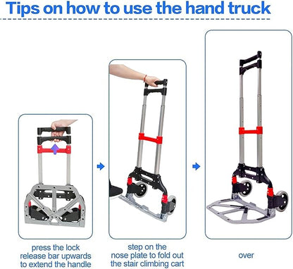 Folding Hand Truck with 2 Silent TPR Wheels, 165lbs Capacity Lightweight Portable Folding Dolly Multi-fuctional Foldable Hand Cart Heavy Duty Utility Cart for Home Office and Travel Use