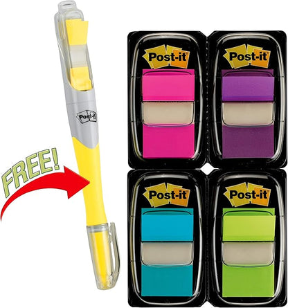 Post-it Flags Value Pack, 50/Dispenser, 4 Dispensers/Pack, 1 in Wide, Assorted Bright Colors, Includes FREE Flags + Highlighter (680-PPBGVA)