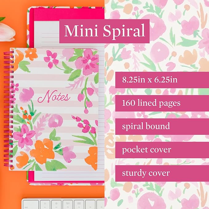 Steel Mill & Co Cute Mini Spiral Notebook, 8.25" x 6.25" Journal with Durable Hardcover and 160 Lined Pages (Watercolor Flowers)