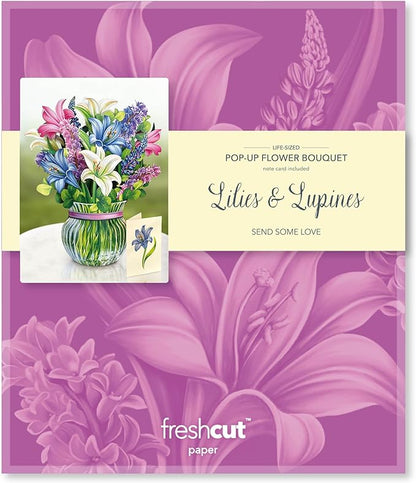 Freshcut Paper Pop Up Cards, Lilies & Lupines 12 inch Paper Flower Bouquet Greeting Cards with Blank Note Card & Envelope, Birthday Gifts for Women