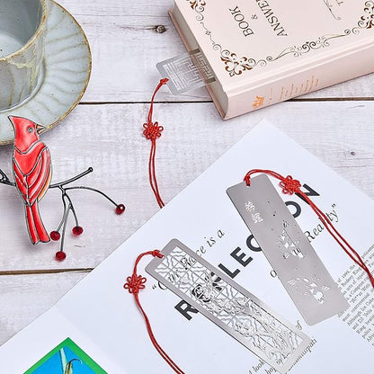 Outus 8 Pieces Hollow Art Metal Bookmarks for Wedding Men Teachers Employee Appreciation Gift Stainless Steel Bookmarks with Red Knot Theme Bookmarks for Book Reading Presents, 4.5 x 1.25 Inch