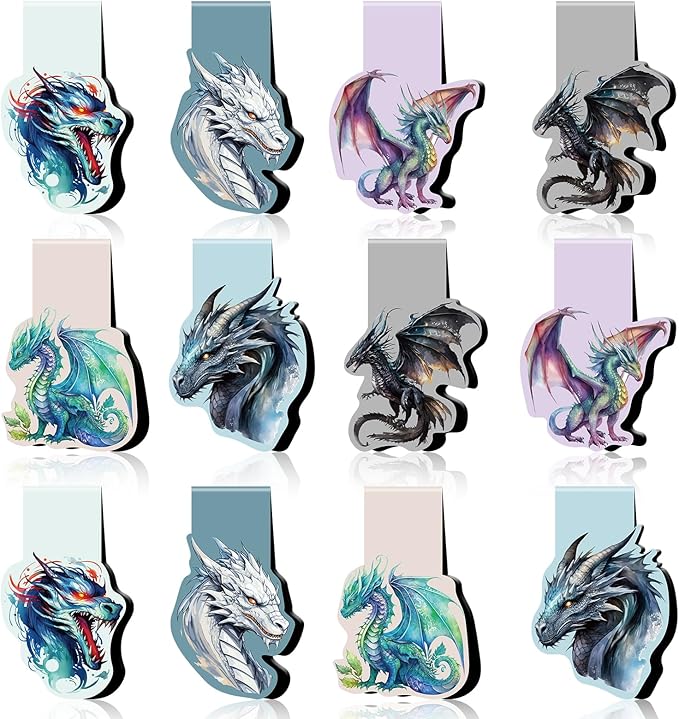 Dragon Magnetic Bookmark Gifts - 12 Pcs Cool Dragons Book Mark Magnets Dragon Rider Bookmarks Magnetic Aesthetic Fantasy Bookmark Magnets Page Clip Gift for Book Lovers Students Reading