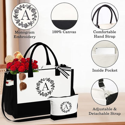 YOOLIFE Personalized Gifts for Women, Initial Canvas Tote Bag for Women Beach Bag Unique Best Friend Mom Gifts From Daughter Teacher Sister Wife Wedding Gifts Birthday Gifts Graduation Gift for Her L